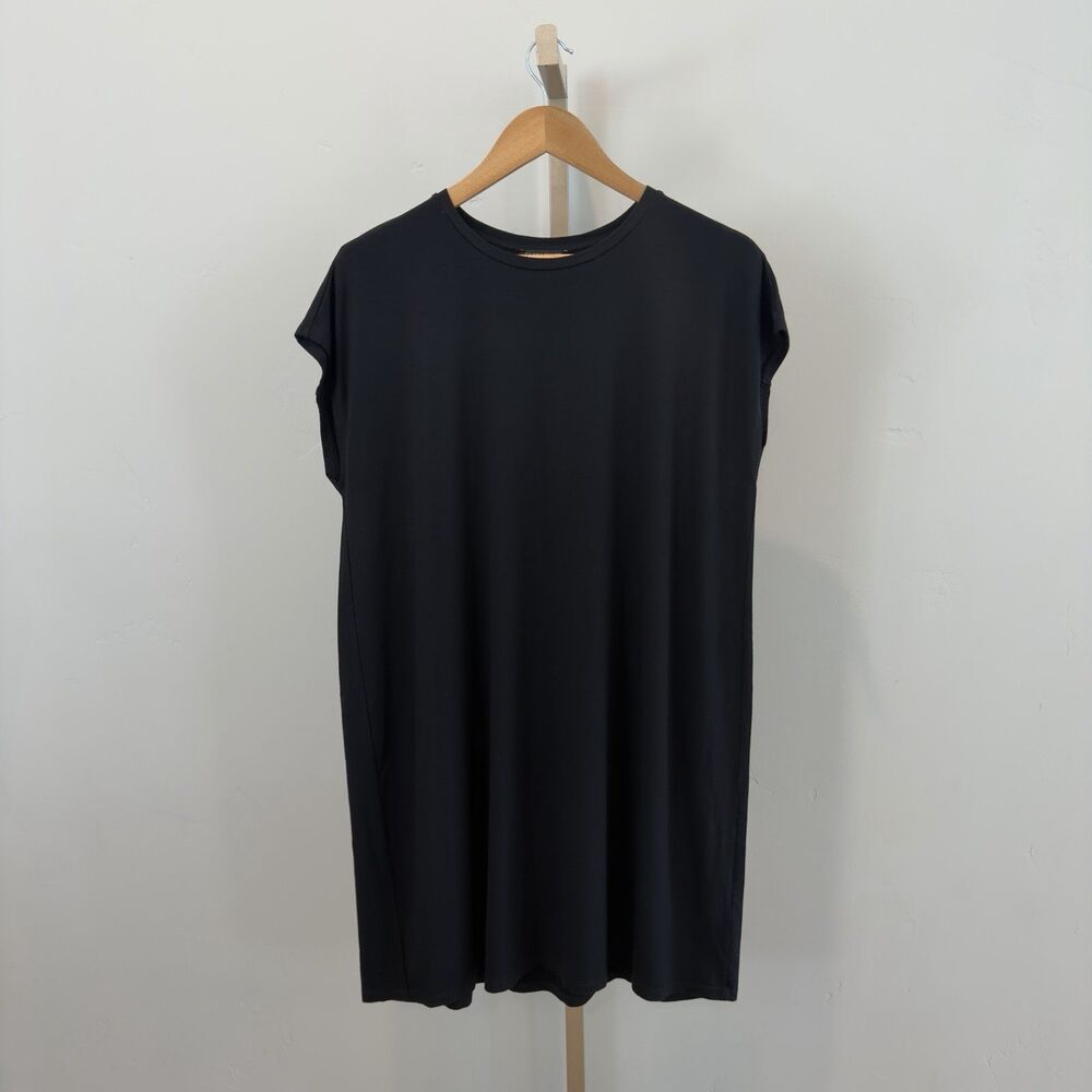 Eileen Fisher Crew Neck Short Boxy Dress Womens Sz L Black Relaxed Short Sleeve